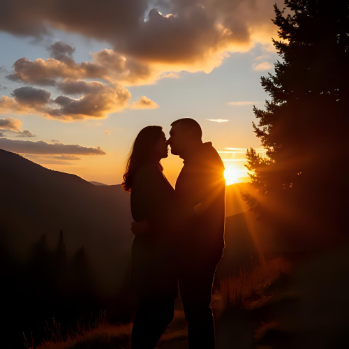 Romantic Couple in a Mountain Setting at Sunset